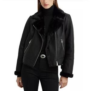 LAUREN RALPH LAUREN Womens Moto Jacket XL Black Faux Leather Shearling NWT